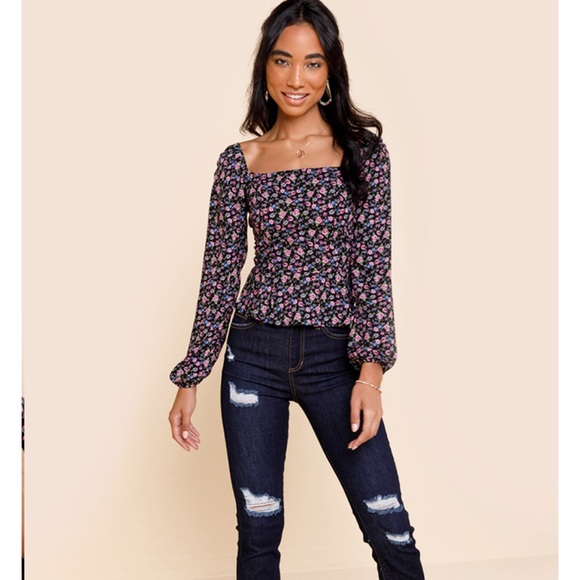 💗 NWT bohemian floral squareneck longsleeve flare bottom top- XL 🌼 - Picture 1 of 9